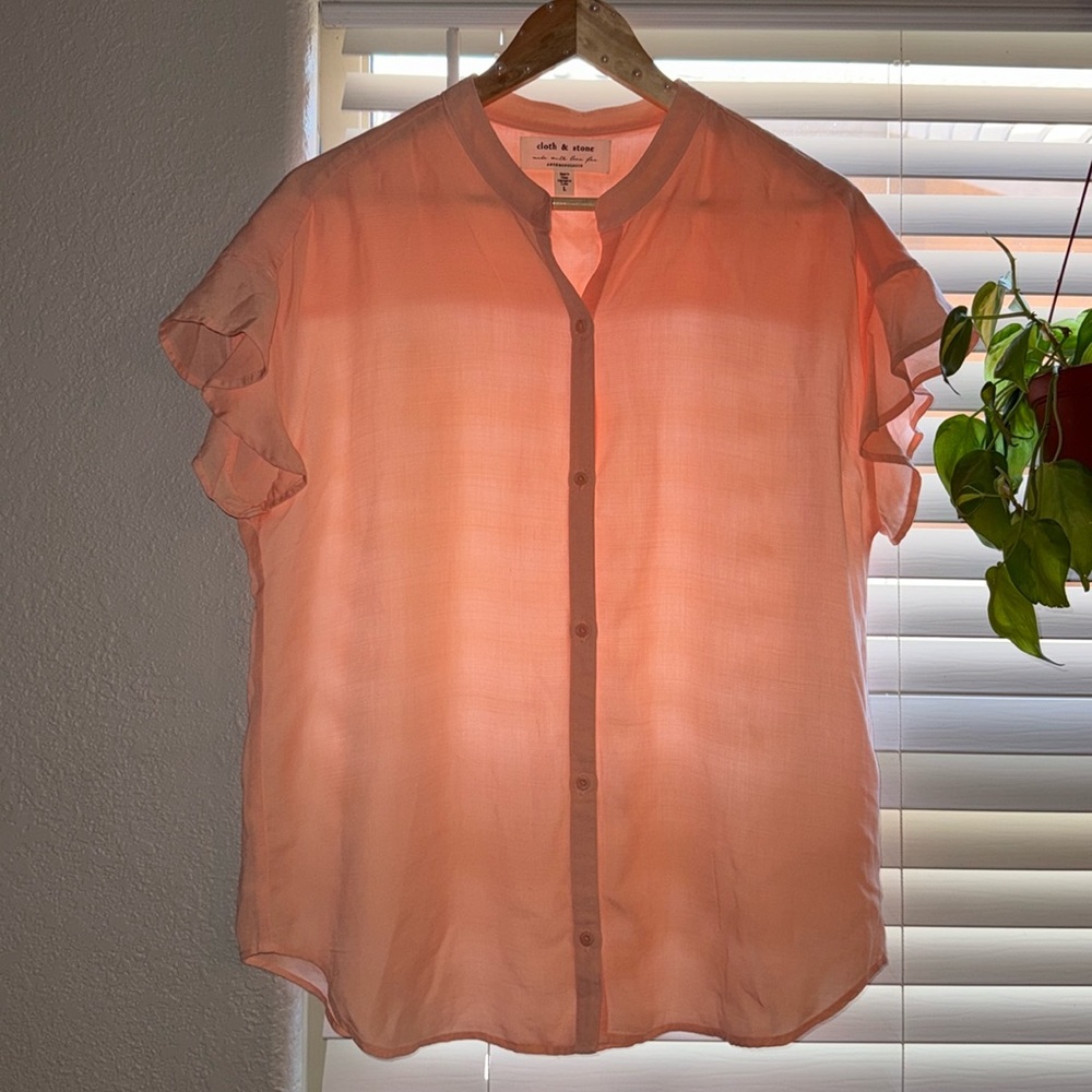 Cloth & Stone Anthropologie Peach Flutter Sleeve Button Front Blouse - Picture 5 of 9